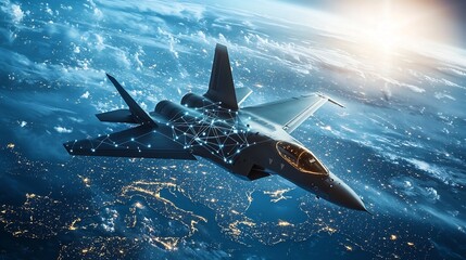 Poster - cutting edge fighter jet with glowing network connections representing advanced communication system