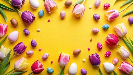 Poster - A vibrant yellow background adorned with colorful tulips and Easter eggs, creating a cheerful and festive springtime scene.