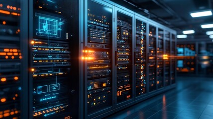 Poster - advanced military control room with glowing screens and network lines connecting satellite imagery l