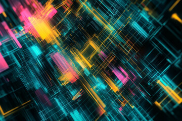 Wall Mural - An abstract digital background with bold, radiant angular lines in teal, yellow, and pink over a dark gradient.