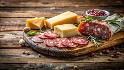 Poster - A Rustic Wooden Board Adorned with Slices of Salami, Cubes of Cheese, and Sprigs of Rosemary, All Arranged on a Rustic Wooden Background, with a Bowl of Cranberries Adding a Touch of Sweetness