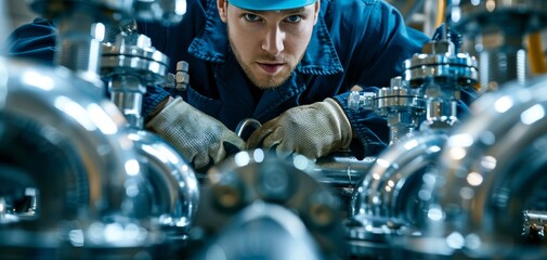 Poster - A focused technician inspects complex machinery, showcasing precision and expertise in an industrial setting.
