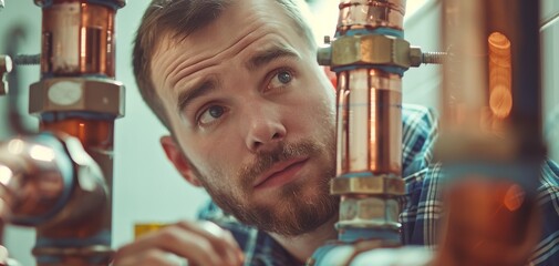 Poster - A focused technician inspects plumbing pipes, showcasing his expertise in maintenance and repair within a professional environment.