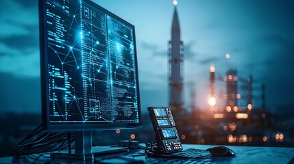 Poster - a photograph showcasing a missile defense system seamlessly integrated into a digital network repres