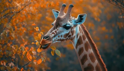 Wall Mural - Giraffe eating leaves with vibrant colors, soft lighting, serene savannah setting