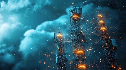 Poster - interconnected radar towers with glowing network lines visualized against a cloudy sky leaving ample