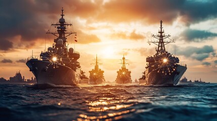 Poster - photograph depicting a naval fleet of ships connected by digital network overlays representing advan