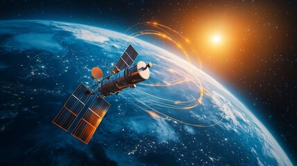 Poster - satellite orbiting global military network with glowing connectivity lines wrapping around the earth