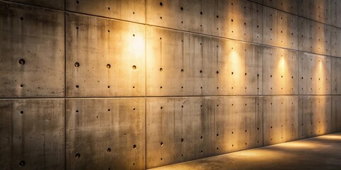 Poster - A textured concrete wall with a geometric pattern of round indentations, illuminated by three spotlights casting warm shadows on the ground.
