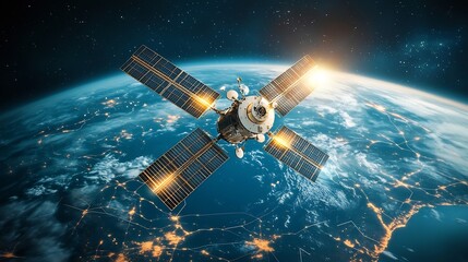 Poster - Satellite in Orbit Linked to Global Military Network with Glowing Lines Wrapping Around the Earth Suggesting Connectivity and Communication within a Security Focused System