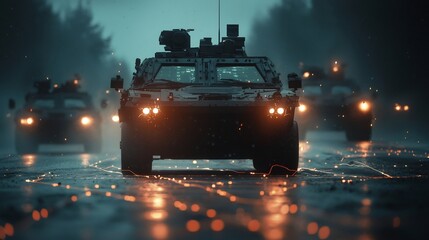 Poster - Futuristic Battlefield Simulation with Holographic Soldiers and Tactical Network Overlay