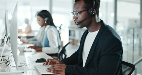 Poster - call center, consulting and typing with black man in support office for customer service. computer, 