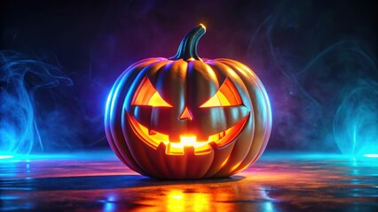 Poster - A Glowing Jack-o'-lantern with an Eerie Smile Casts an Orange Glow Against a Smoky Blue and Purple Background