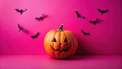 Poster - A Happy Jack-o'-Lantern with a Grin and a Flock of Bats on a Vibrant Pink Background