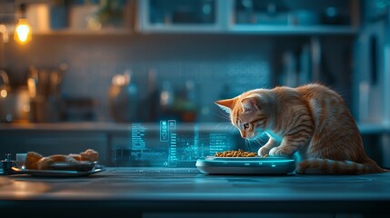 Poster - A photograph showcasing a cat using a cutting edge smart feeding device connected to a digital network with glowing data overlays displayed in a clean modern kitchen setting