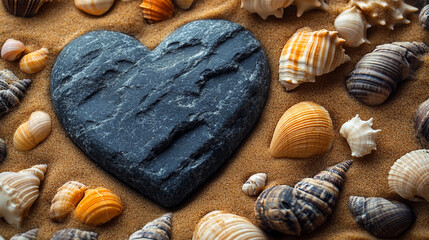 Wall Mural - Close-up of a heart-shaped stone surrounded by assorted seashells on a sandy beach. The composition evokes themes of love, nature, serenity, and the enduring beauty of the ocean's treasures