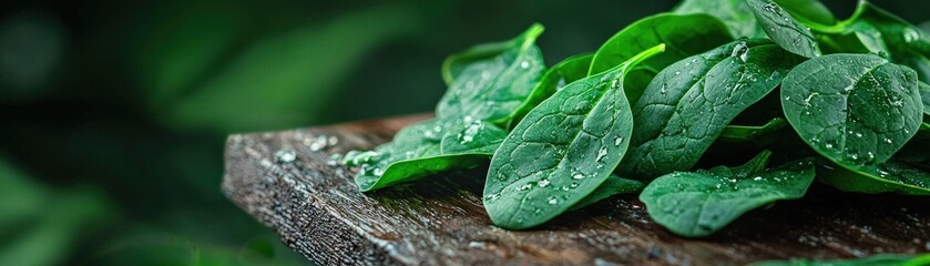 Poster - A fresh pile of spinach leaves on a wooden surface with water droplets.