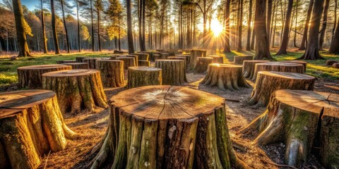 Aufkleber - Golden sunlight filters through the trees, illuminating a pathway of weathered tree stumps, a reminder of the cycle of life and growth in the forest.