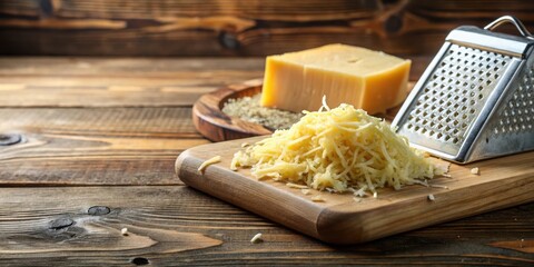 Aufkleber - A freshly grated pile of cheese on a wooden board with a metal grater nearby.  The cheese is a bright yellow color and is surrounded by a wooden background.