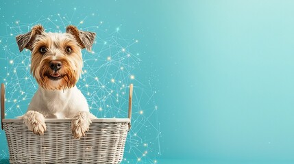 Poster - A photograph showcasing a pet friendly travel setup with a dog in a carrier surrounded by glowing network lines representing GPS and smart travel solutions