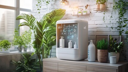 Poster - cutting edge smart grooming station with visualized network connections in modern pet spa setting ad