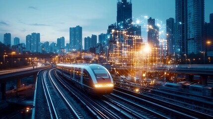 Poster - high speed train rushing through landscape with holographic network nodes representing real time mon