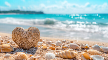 Wall Mural - Close-up of a heart-shaped stone surrounded by assorted seashells on a sandy beach. The composition evokes themes of love, nature, serenity, and the enduring beauty of the ocean's treasures