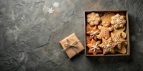 Poster - A rustic wooden box overflowing with gingerbread cookies, decorated with delicate icing and snowflakes, alongside a wrapped gift, creating a cozy festive ambiance.