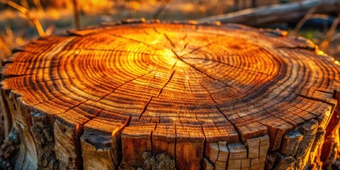 Poster - A close-up view of a tree stump illuminated by warm evening sunlight, revealing intricate details of growth rings and texture.