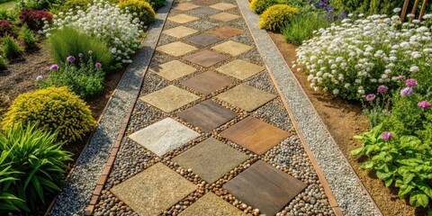 Poster - A checkered stone path edged with white gravel winds through a vibrant garden, with lush greenery and delicate white flowers blooming on either side.