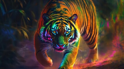 Wall Mural - Tiger walking with vibrant stripes, soft lighting, dynamic jungle scene