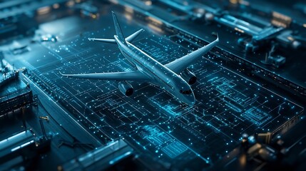 Poster - A photograph of a sleek and modern airport terminal featuring holographic network overlays showcasing real time flight paths schedules and travel information