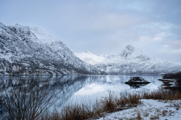 Norwegian sea and mountains in the winter, Norway.