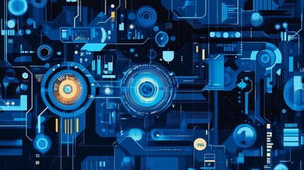 Poster - Abstract digital circuitry design with glowing elements in blue tones.
