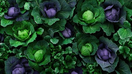 A cabbage patch filled with lush green and purple heads, ready for harvest.