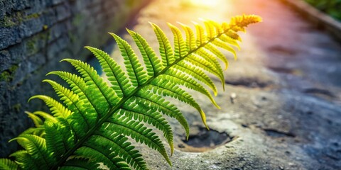 Aufkleber - A vibrant fern frond basks in the warm glow of the sun, showcasing its intricate detail and delicate structure against a backdrop of textured stone.