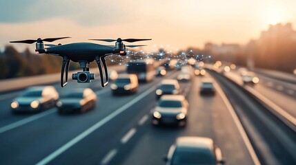 Poster - Aerial view of a drone flying over a highway filled with connected vehicles with holographic network lines linking cars buses and trains