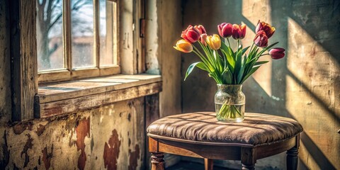 Aufkleber - Sunlight streams through a window illuminating a vase of tulips on a weathered wooden stool