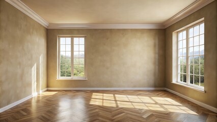 Aufkleber - Empty room with large windows, sunlight streaming through, showcasing a wooden floor and light beige walls.