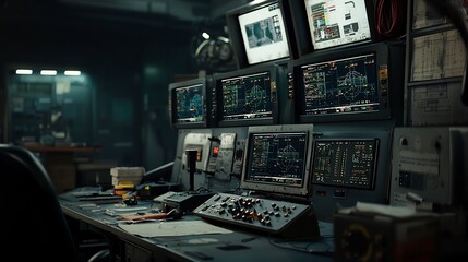 Poster - sophisticated control room featuring large screens displaying real time data and network connections
