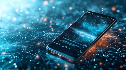 Poster - smartphone screen displaying a weather warning alert connected to a glowing network representing rea
