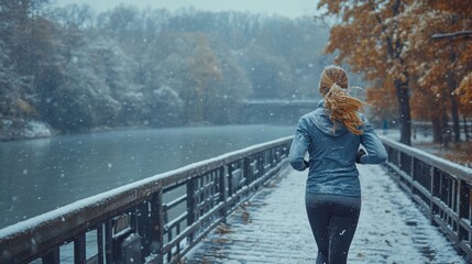 Aufkleber - A woman jogs along a snowy path by a river, surrounded by trees with orange and yellow leaves. The snowfall creates a serene winter atmosphere as she enjoys her workout.