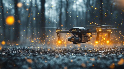 Poster - Aerial drone equipped with advanced sensors and connectivity sending real time emergency alerts and data through a glowing digital network