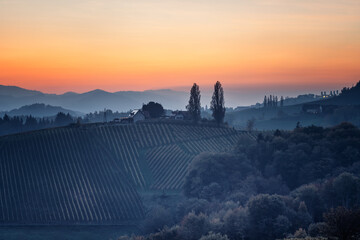 Wall Mural - aerial sunset landscape of the picturesque, autumn-covered hills near maribor, close to the austrian
