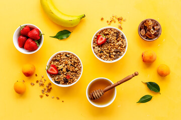 Wall Mural - Top view of breakfast with oatmeal granola and ingredients. Healthy morning routine