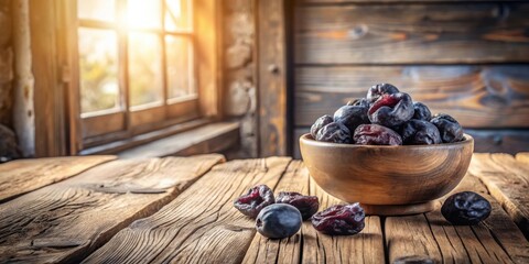 Poster - Dried Plums in a Wooden Bowl on a Rustic Wooden Table with a Window in the Background