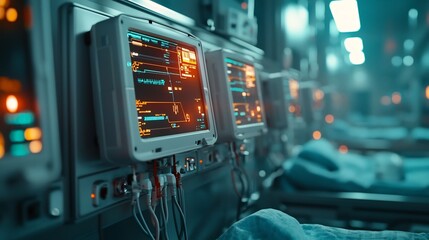 Poster - glowing emergency hospital system panel with network connectivity and critical alert indicators on a