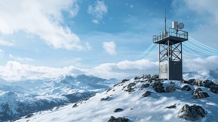 Poster - futuristic weather monitoring station positioned on a remote mountain top visualized with holographi