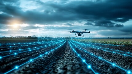 Poster - aerial drone capturing environmental data and visualizing it as glowing network icons over expansive