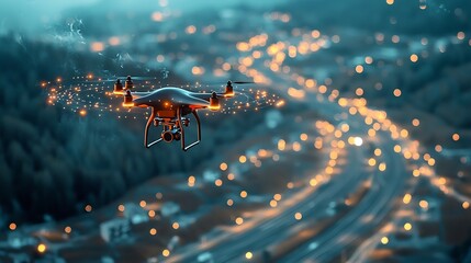 Poster - a drone soaring over agricultural fields collecting and visualizing environmental data as glowing ne